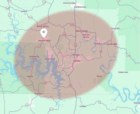 Map of the southwest Missouri HVAC service area covered by 360 Comfort Solutions, centered on Branson West