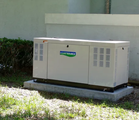 Whole-home standby generator installed on a concrete pad beside a home
